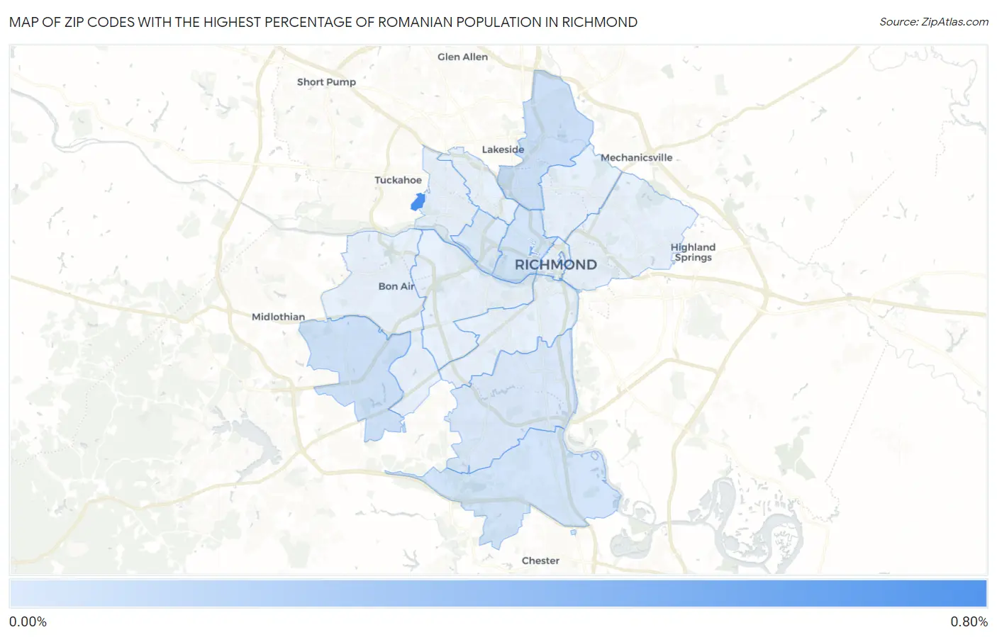 Zip Codes with the Highest Percentage of Romanian Population in Richmond Map