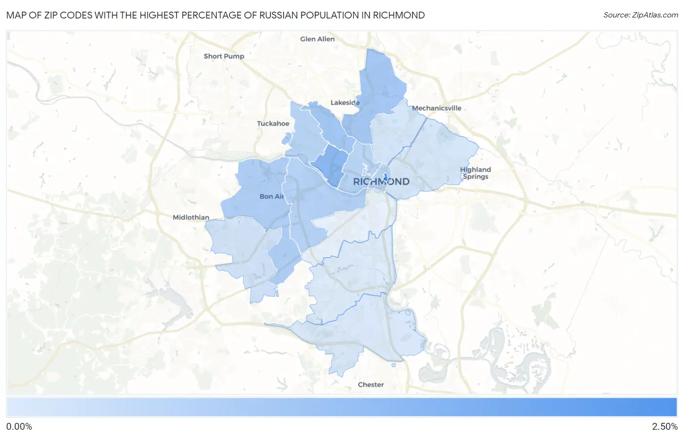 Zip Codes with the Highest Percentage of Russian Population in Richmond Map