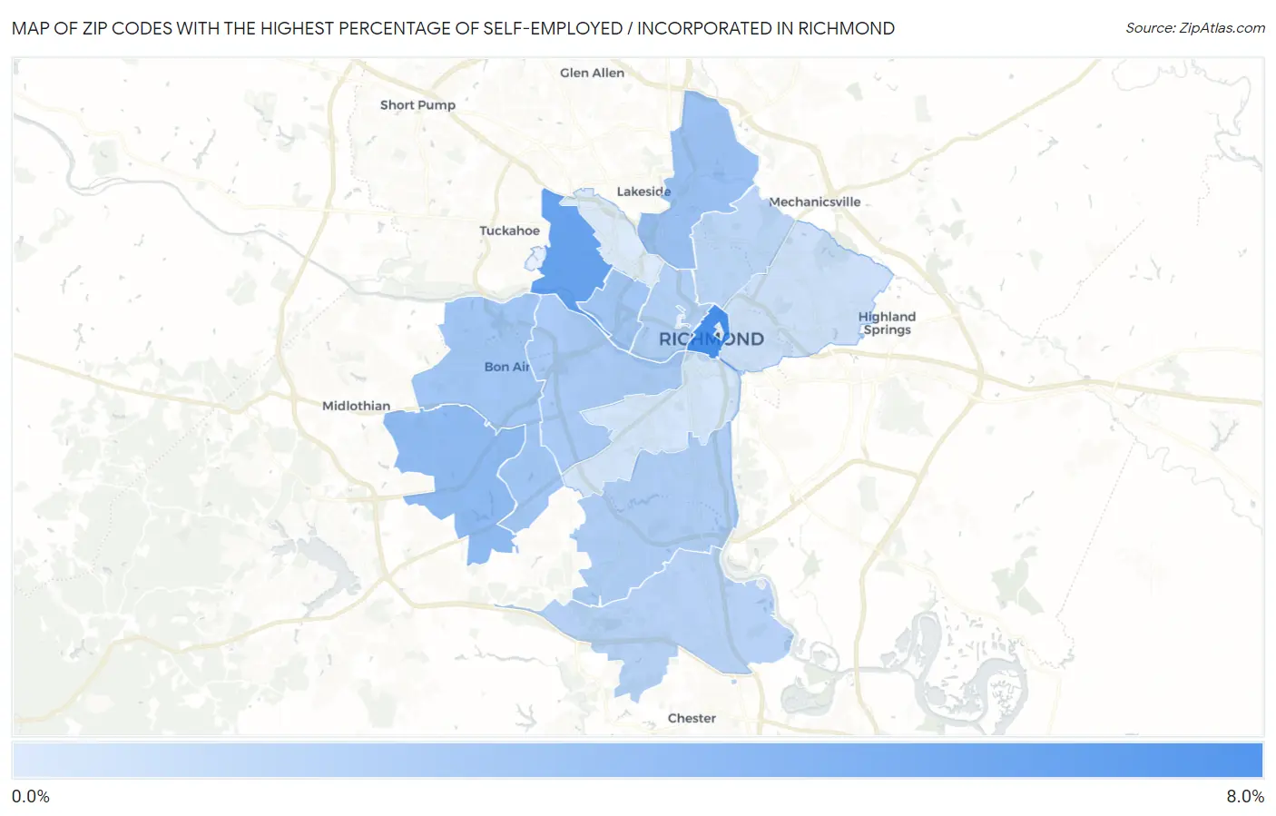 Zip Codes with the Highest Percentage of Self-Employed / Incorporated in Richmond Map