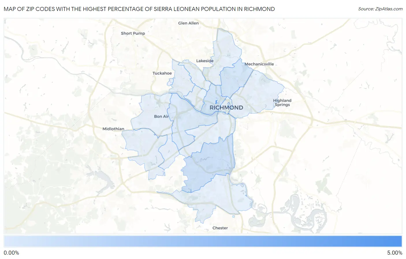 Zip Codes with the Highest Percentage of Sierra Leonean Population in Richmond Map