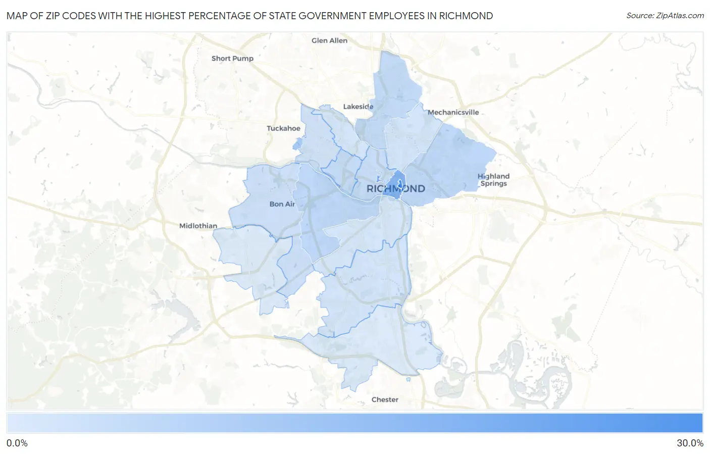 Zip Codes with the Highest Percentage of State Government Employees in Richmond Map