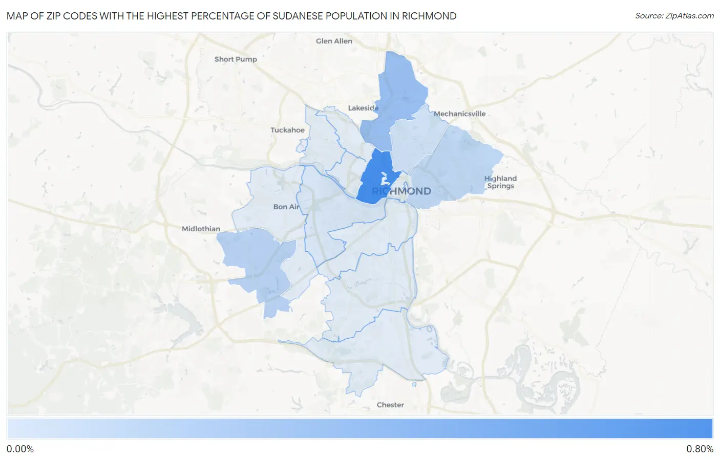 Zip Codes with the Highest Percentage of Sudanese Population in Richmond Map