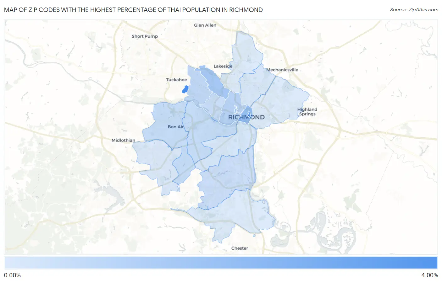 Zip Codes with the Highest Percentage of Thai Population in Richmond Map