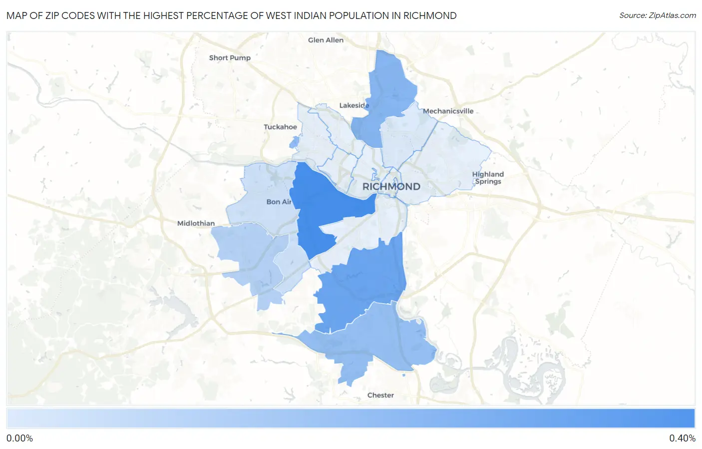 Zip Codes with the Highest Percentage of West Indian Population in Richmond Map
