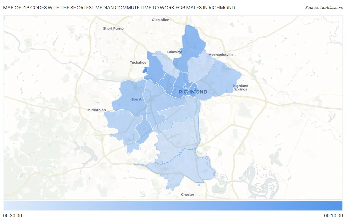 Zip Codes with the Shortest Median Commute Time to Work for Males in Richmond Map