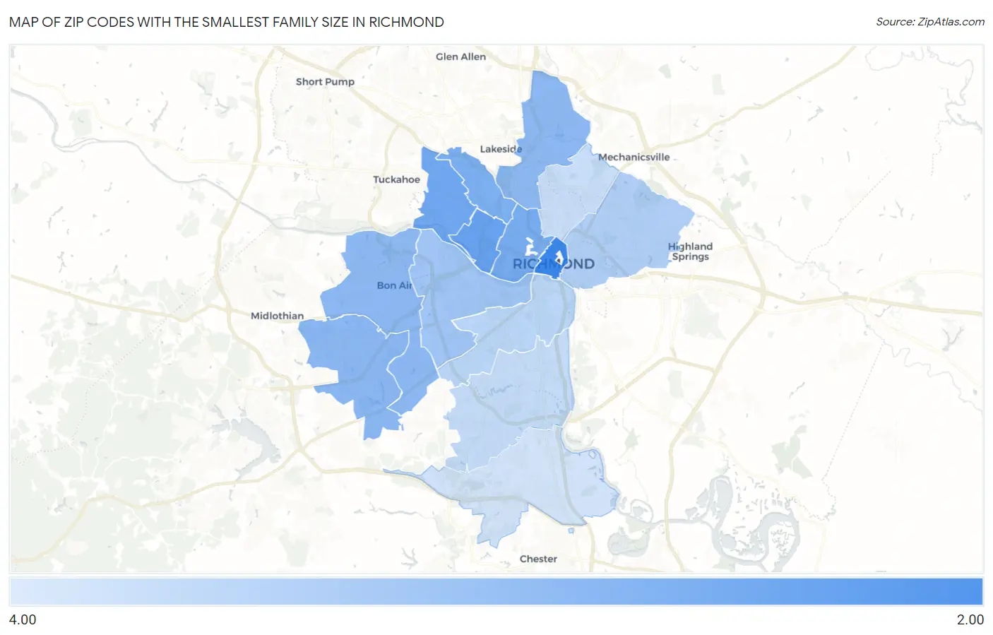 Zip Codes with the Smallest Family Size in Richmond Map