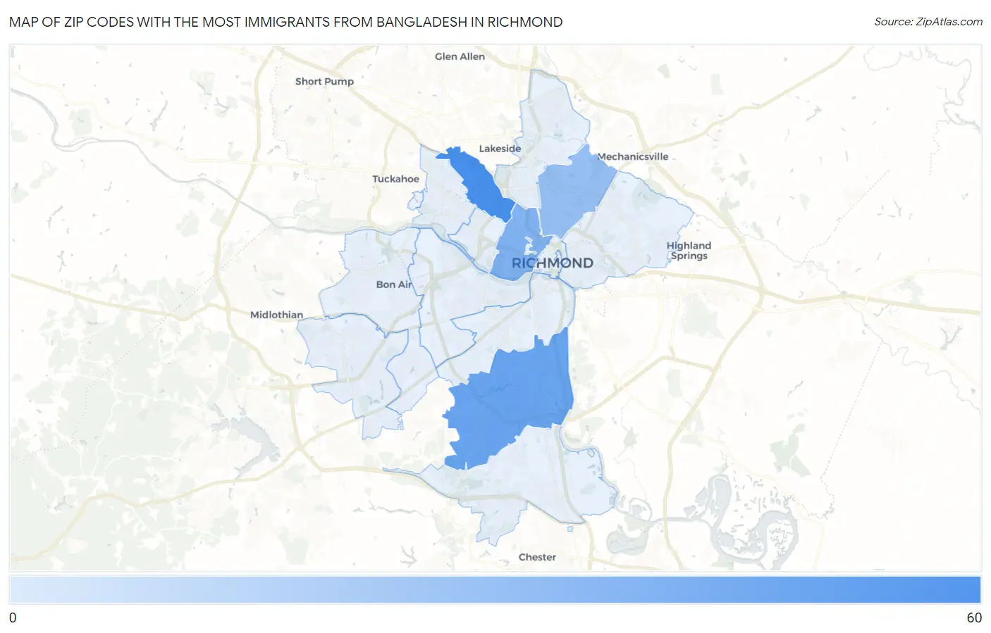 Zip Codes with the Most Immigrants from Bangladesh in Richmond Map