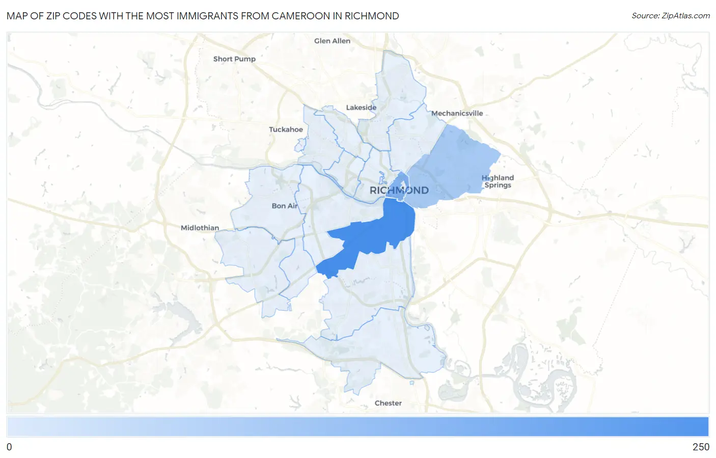 Zip Codes with the Most Immigrants from Cameroon in Richmond Map