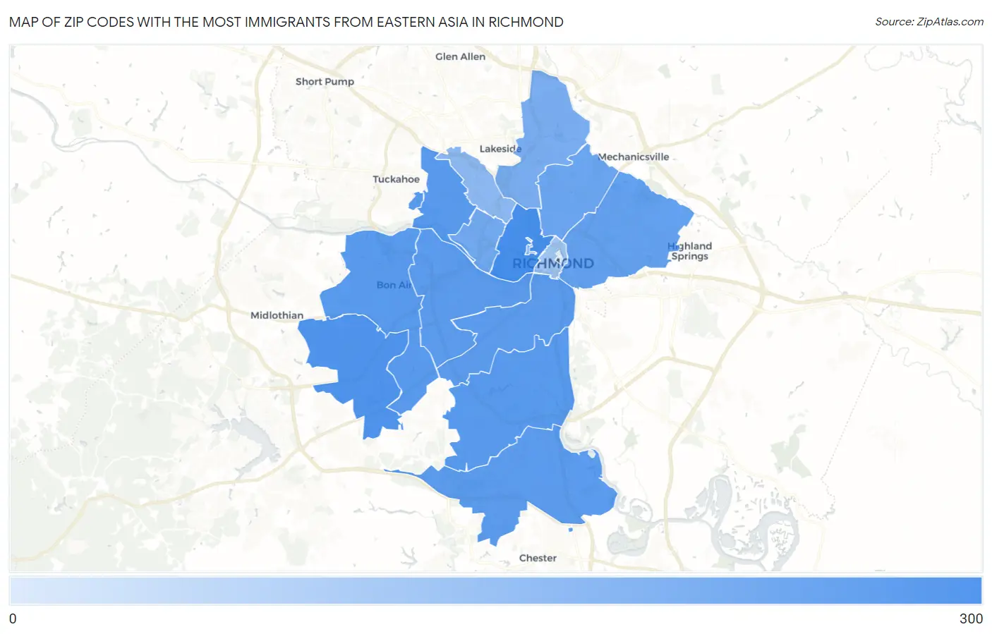Zip Codes with the Most Immigrants from Eastern Asia in Richmond Map