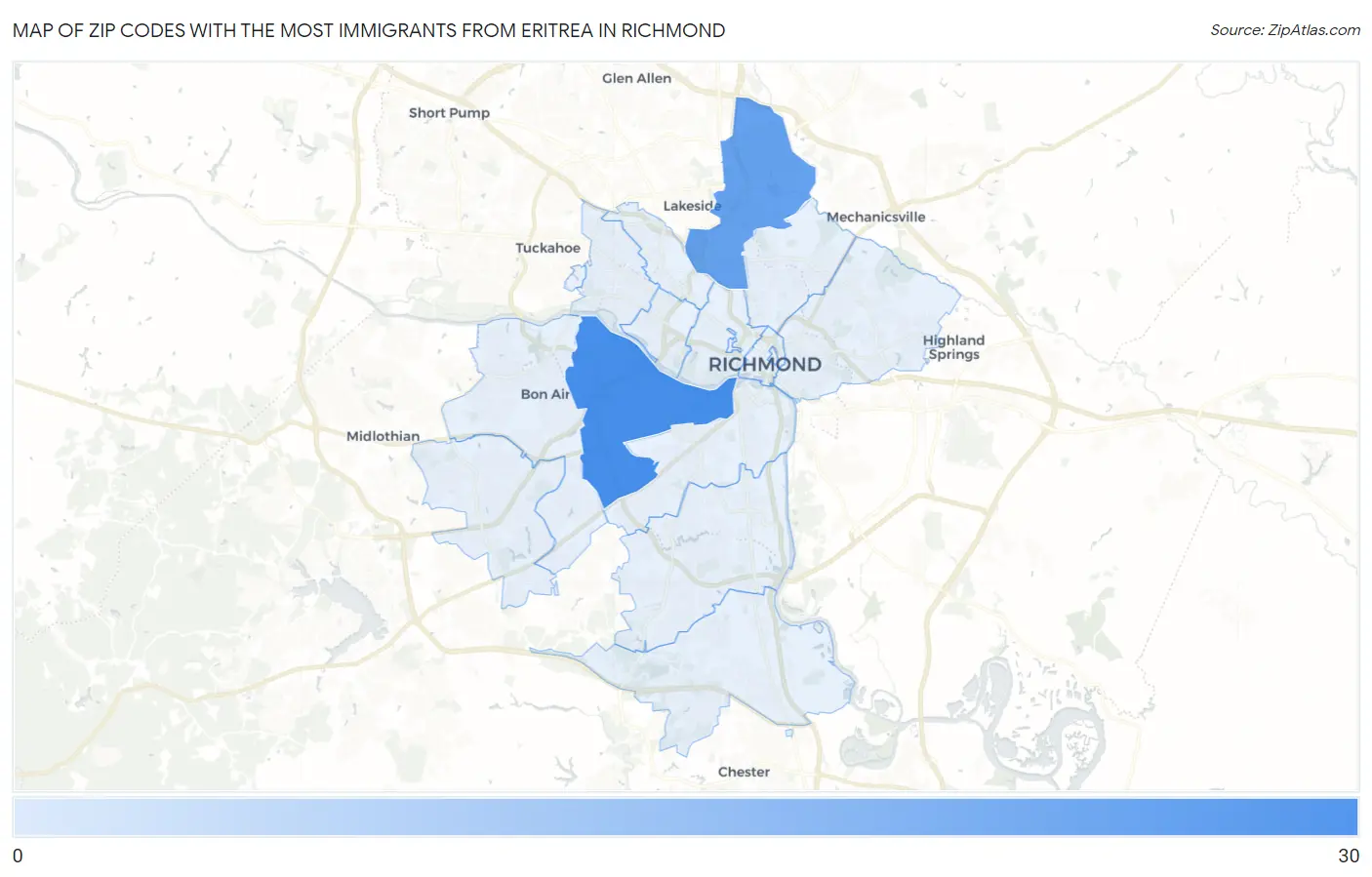 Zip Codes with the Most Immigrants from Eritrea in Richmond Map