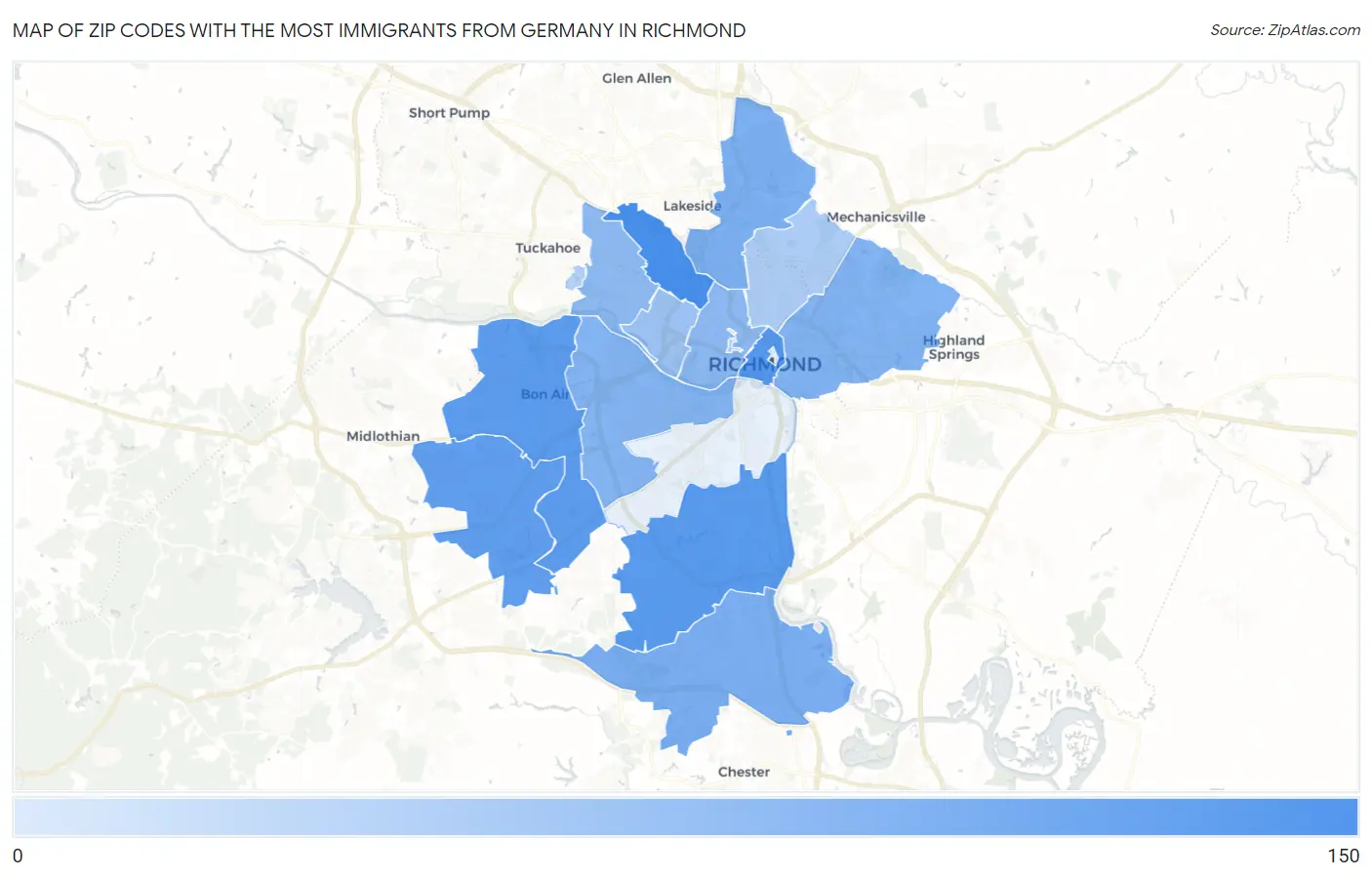 Zip Codes with the Most Immigrants from Germany in Richmond Map