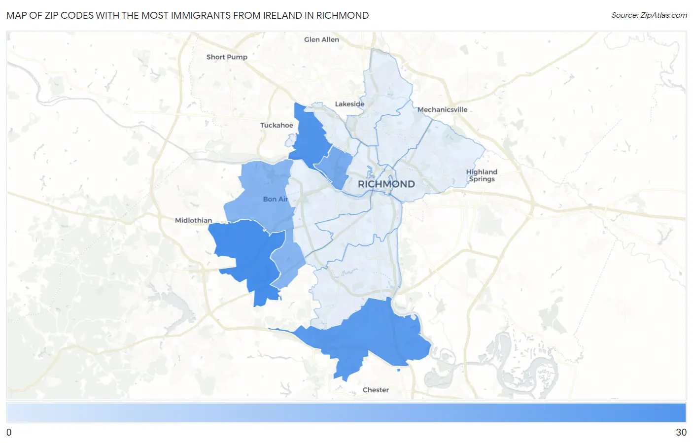 Zip Codes with the Most Immigrants from Ireland in Richmond Map