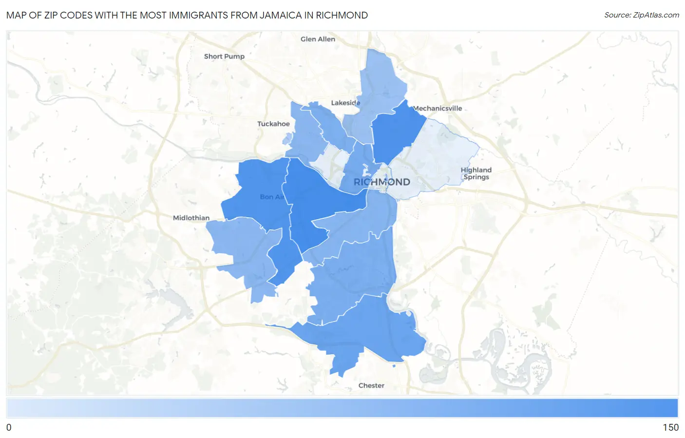 Zip Codes with the Most Immigrants from Jamaica in Richmond Map