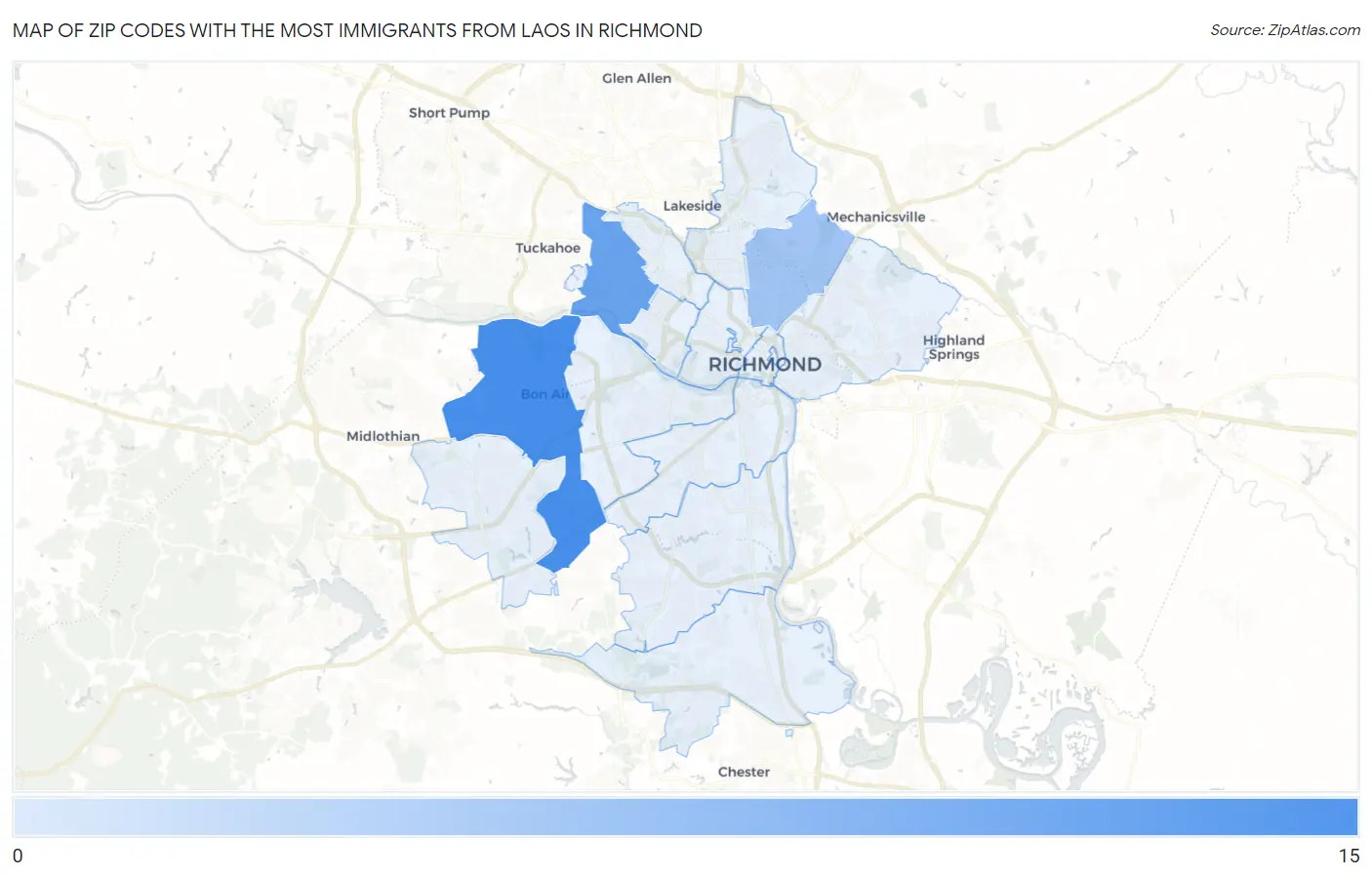 Zip Codes with the Most Immigrants from Laos in Richmond Map