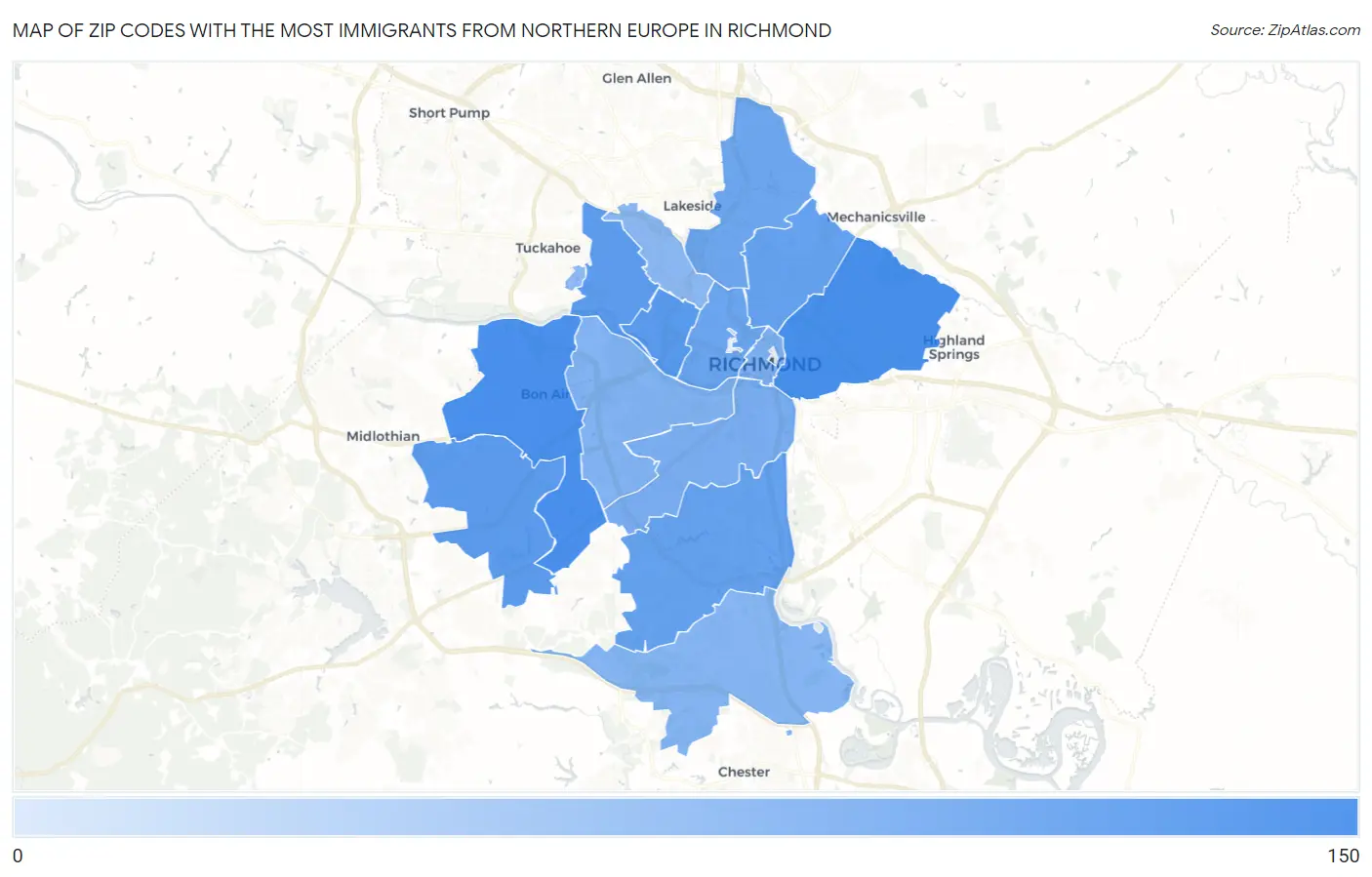 Zip Codes with the Most Immigrants from Northern Europe in Richmond Map