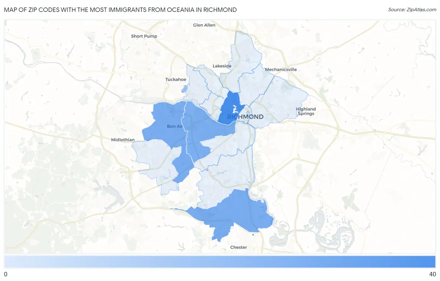 Zip Codes with the Most Immigrants from Oceania in Richmond Map