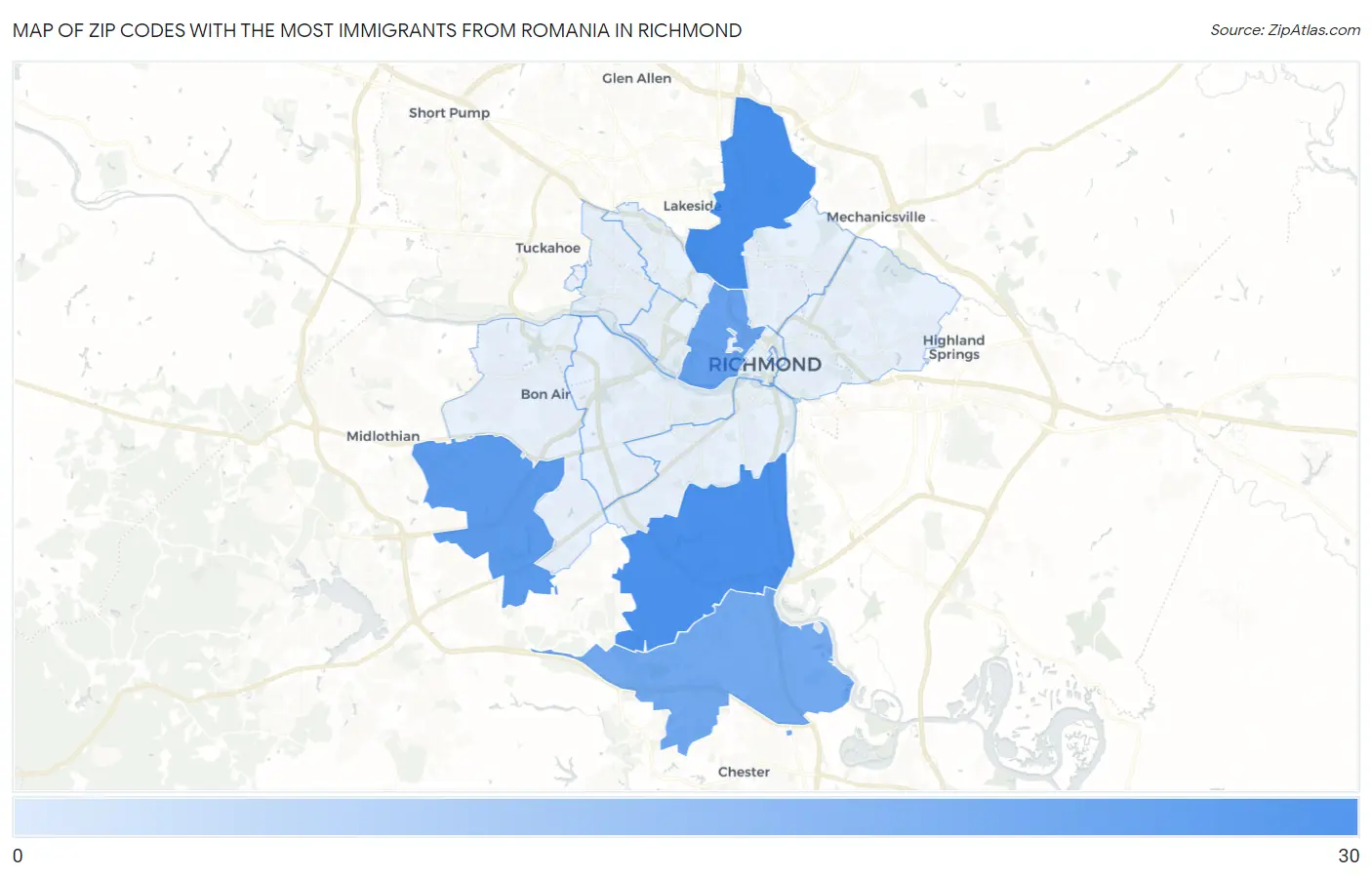 Zip Codes with the Most Immigrants from Romania in Richmond Map