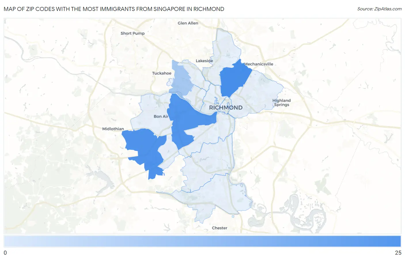 Zip Codes with the Most Immigrants from Singapore in Richmond Map