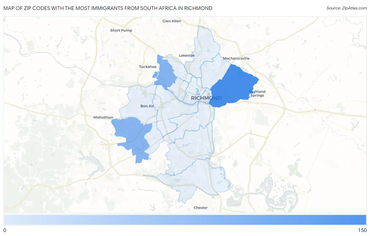 Zip Codes with the Most Immigrants from South Africa in Richmond Map