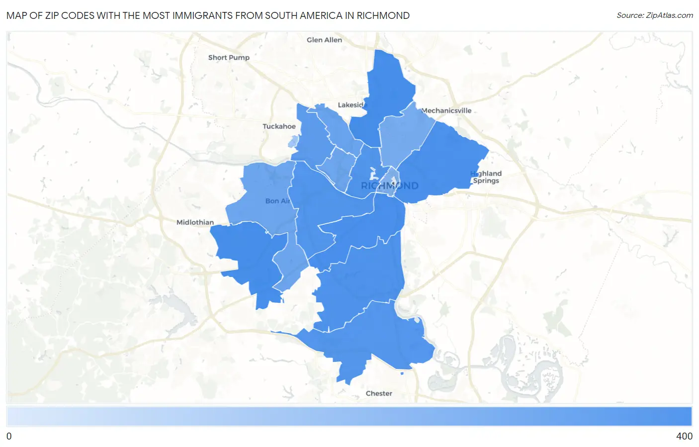 Zip Codes with the Most Immigrants from South America in Richmond Map