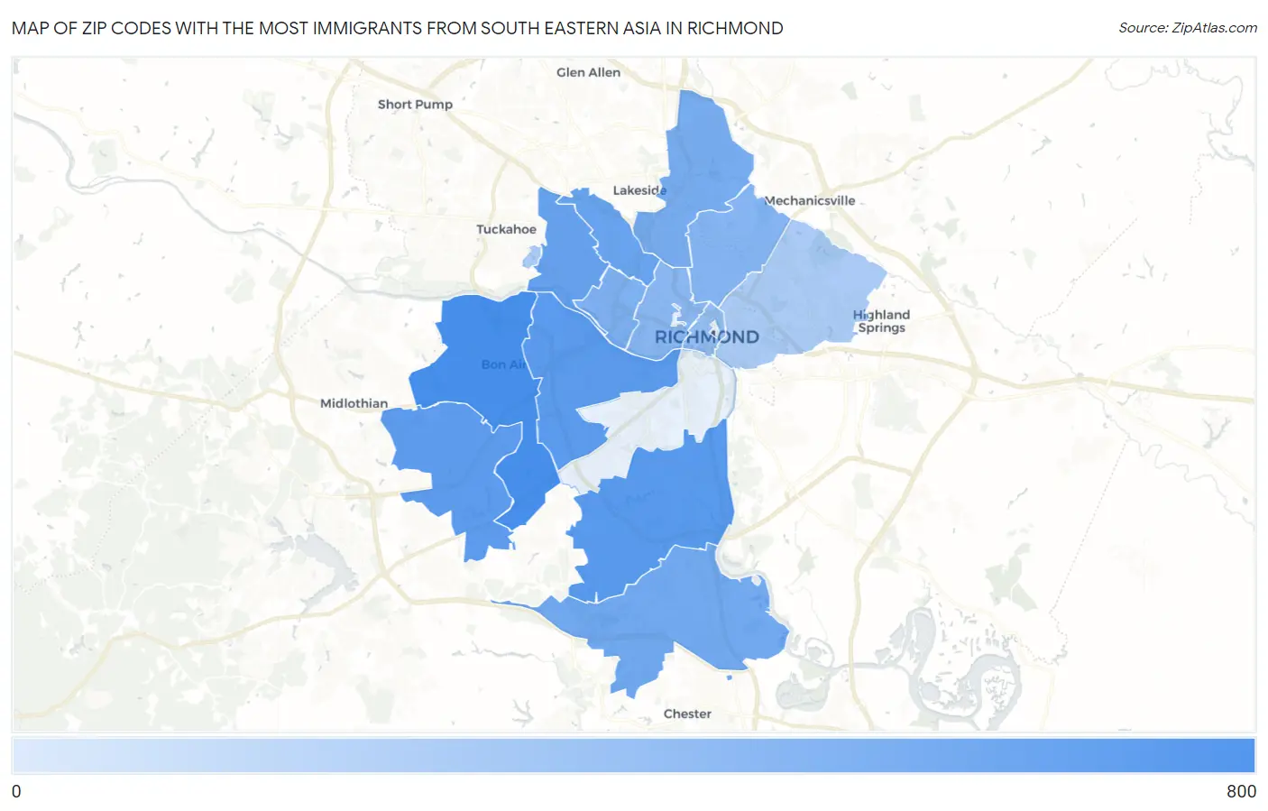 Zip Codes with the Most Immigrants from South Eastern Asia in Richmond Map
