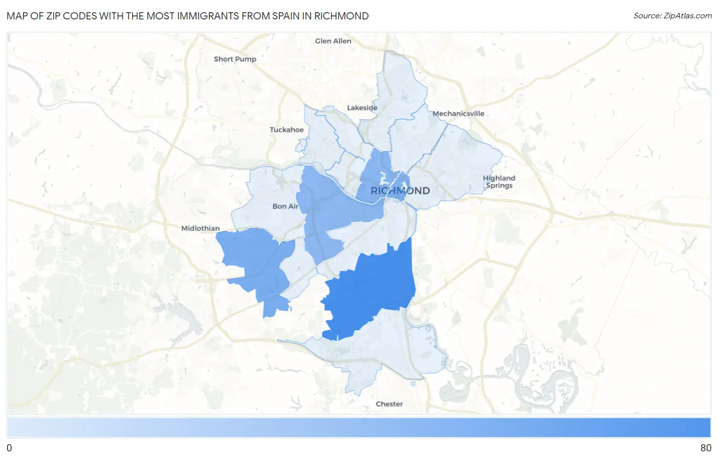 Zip Codes with the Most Immigrants from Spain in Richmond Map