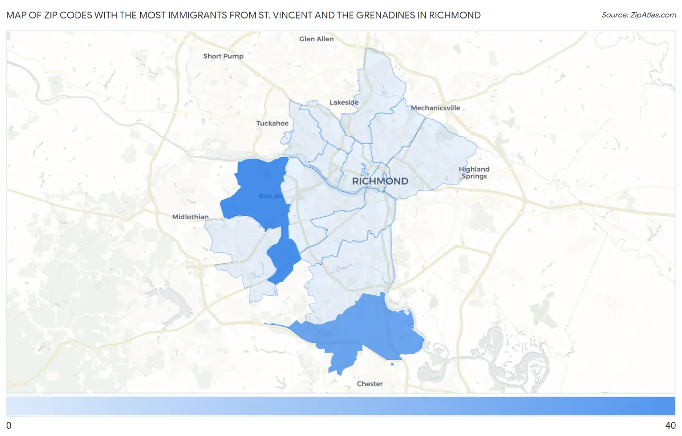 Zip Codes with the Most Immigrants from St. Vincent and the Grenadines in Richmond Map