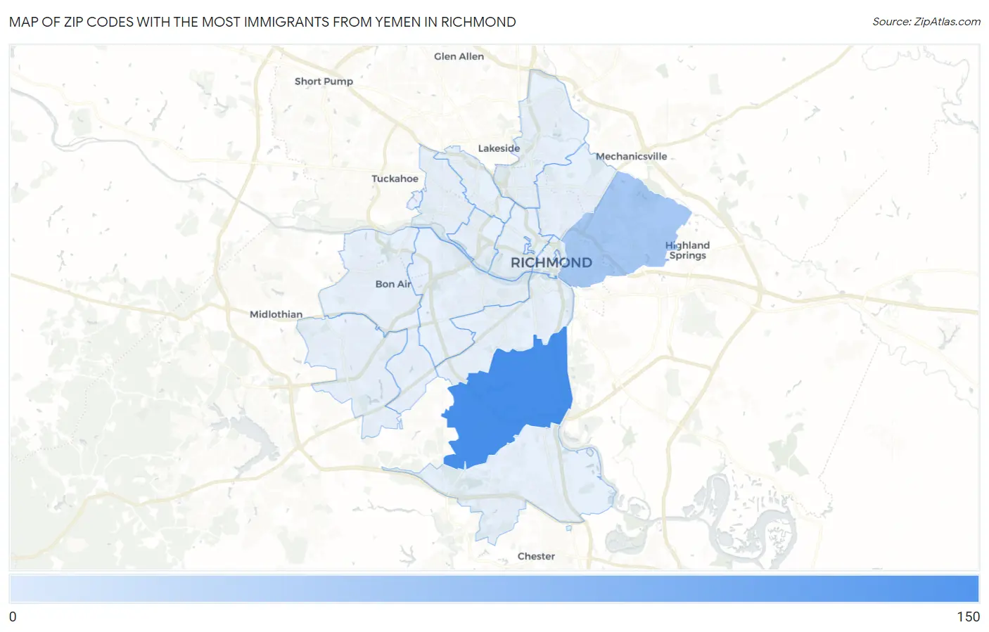 Zip Codes with the Most Immigrants from Yemen in Richmond Map