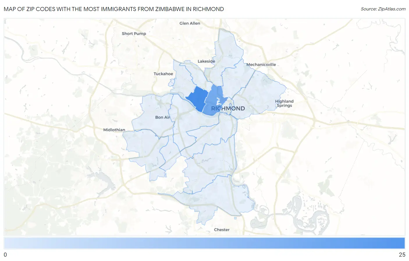 Zip Codes with the Most Immigrants from Zimbabwe in Richmond Map
