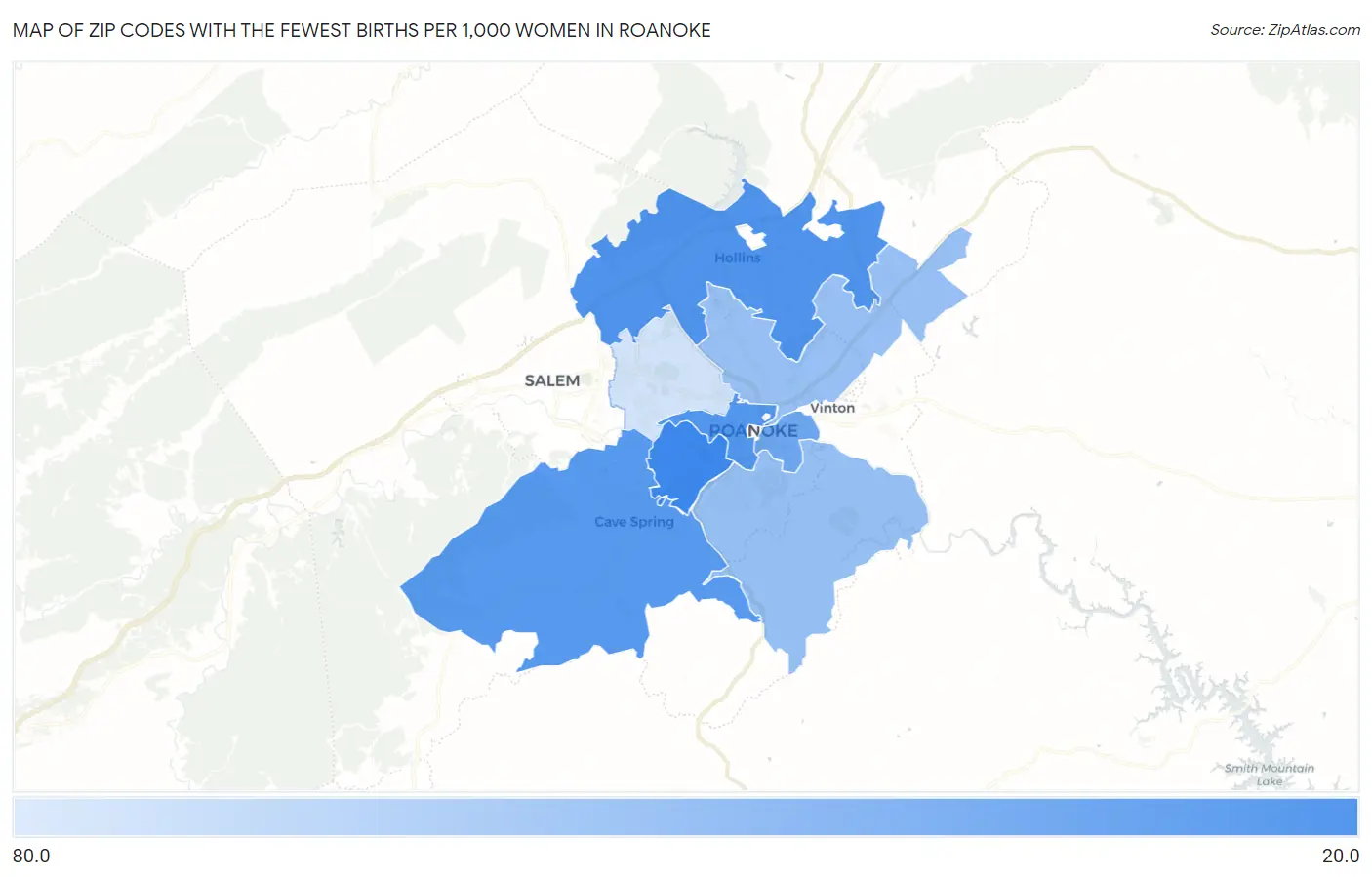 Zip Codes with the Fewest Births per 1,000 Women in Roanoke Map