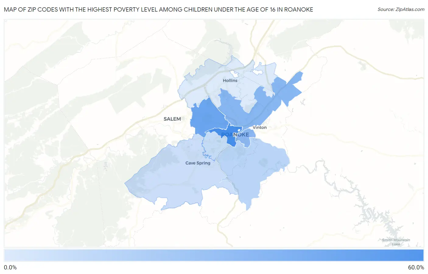 Zip Codes with the Highest Poverty Level Among Children Under the Age of 16 in Roanoke Map