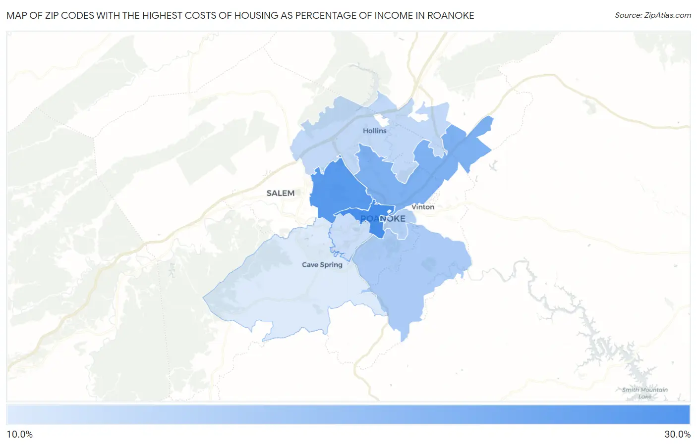 Zip Codes with the Highest Costs of Housing as Percentage of Income in Roanoke Map