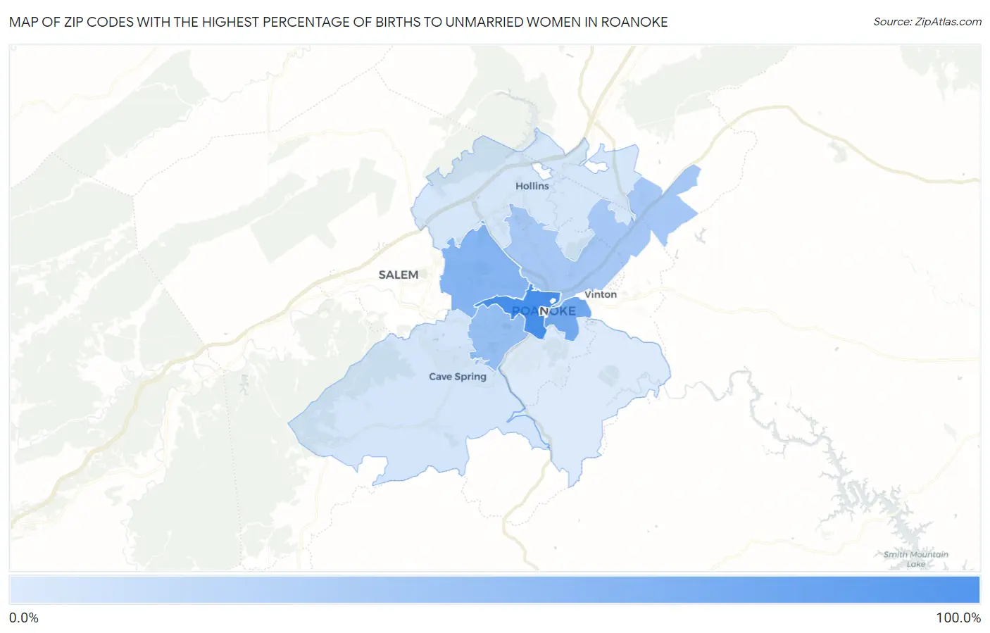 Zip Codes with the Highest Percentage of Births to Unmarried Women in Roanoke Map