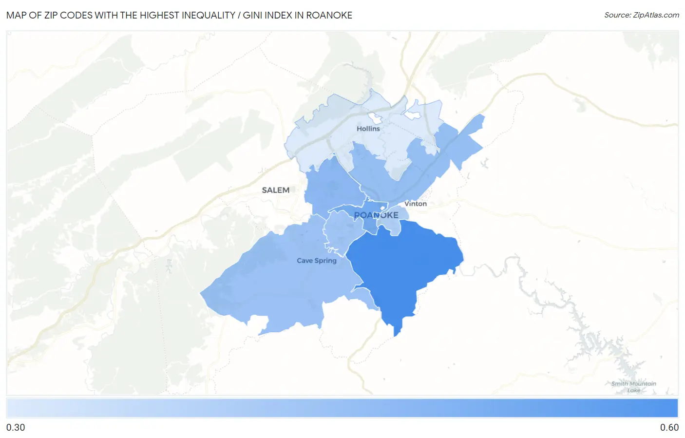 Zip Codes with the Highest Inequality / Gini Index in Roanoke Map