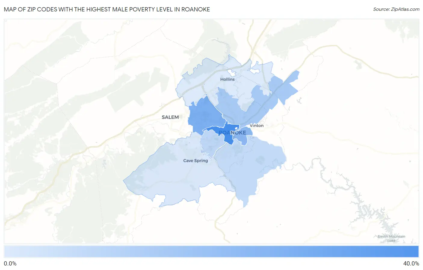 Zip Codes with the Highest Male Poverty Level in Roanoke Map