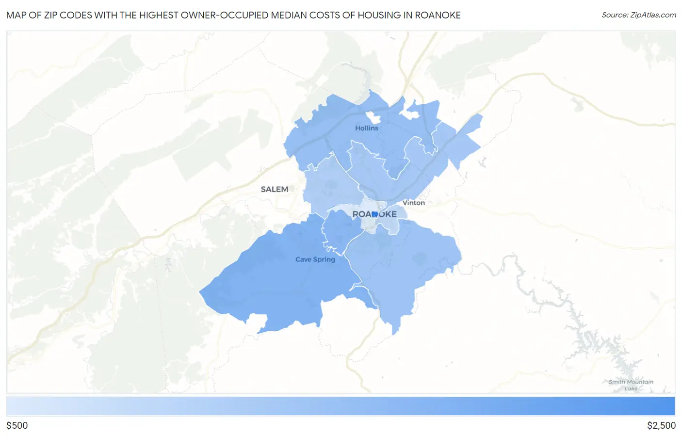 Zip Codes with the Highest Owner-Occupied Median Costs of Housing in Roanoke Map