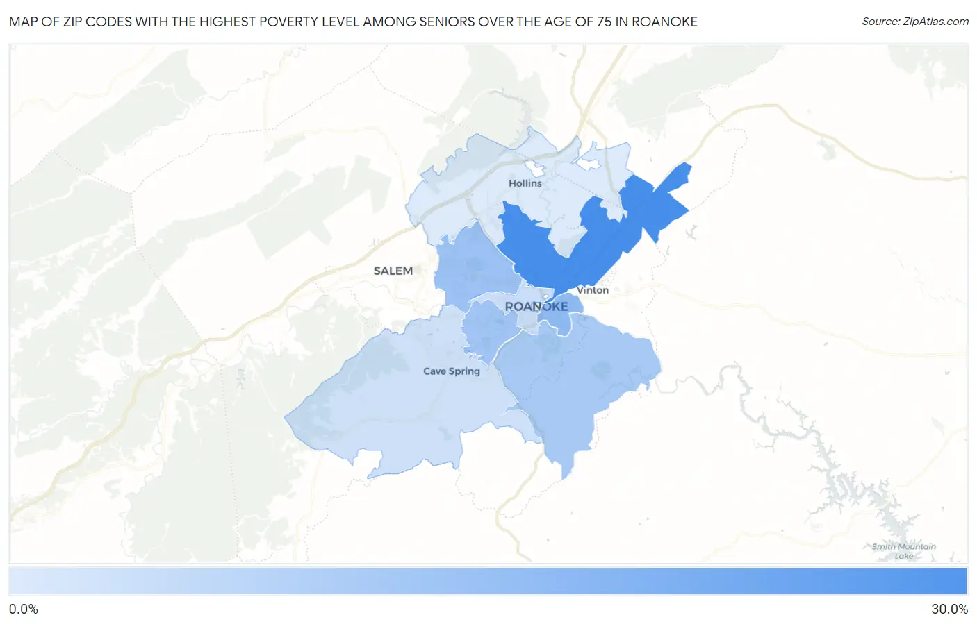 Zip Codes with the Highest Poverty Level Among Seniors Over the Age of 75 in Roanoke Map