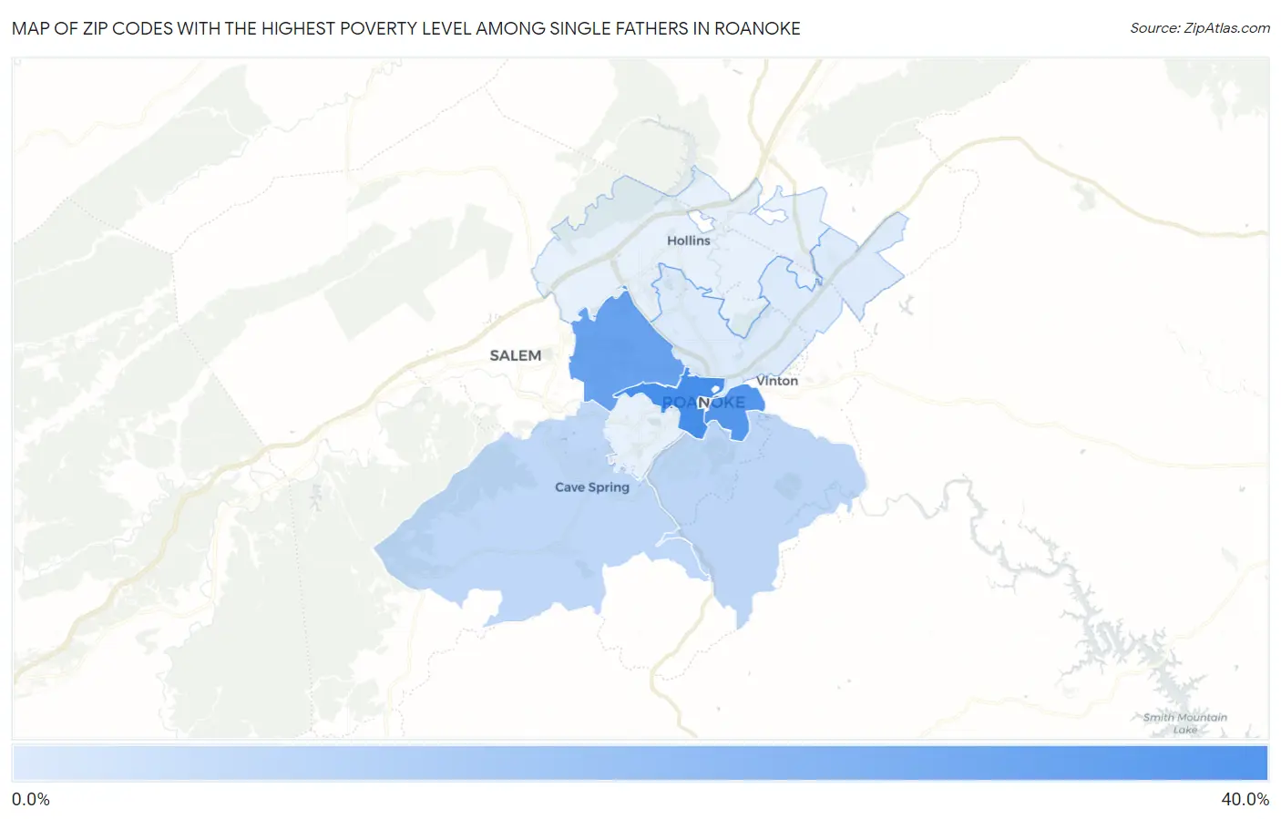 Zip Codes with the Highest Poverty Level Among Single Fathers in Roanoke Map