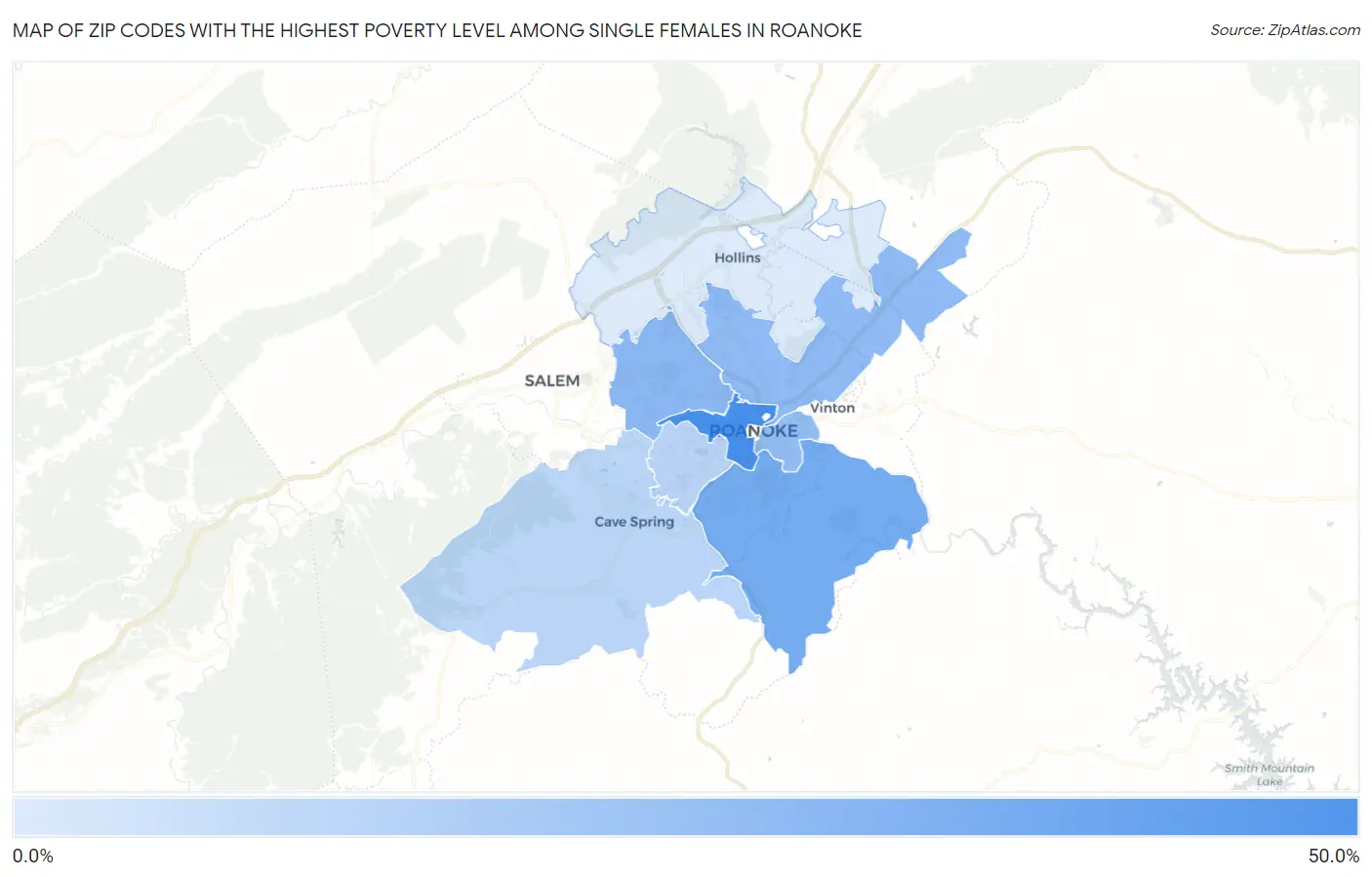 Zip Codes with the Highest Poverty Level Among Single Females in Roanoke Map
