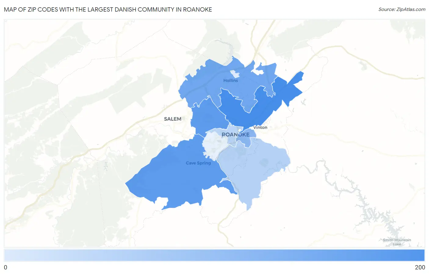 Zip Codes with the Largest Danish Community in Roanoke Map