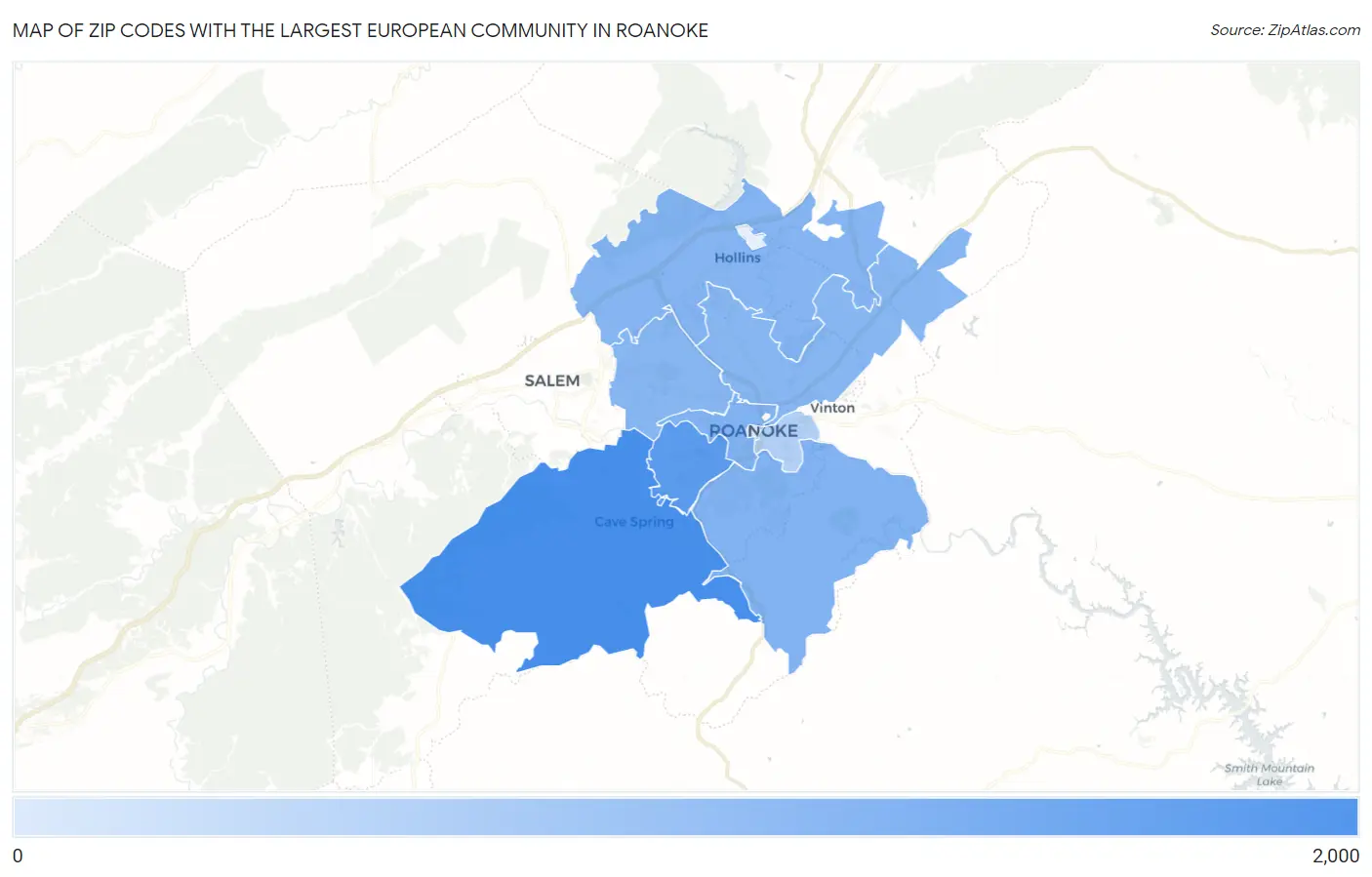 Zip Codes with the Largest European Community in Roanoke Map