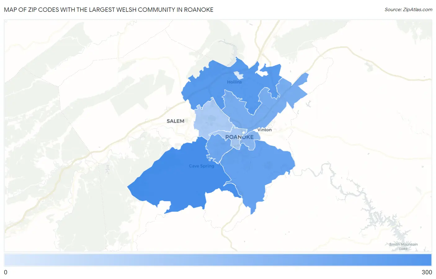 Zip Codes with the Largest Welsh Community in Roanoke Map