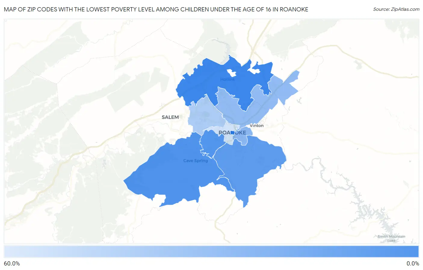 Zip Codes with the Lowest Poverty Level Among Children Under the Age of 16 in Roanoke Map