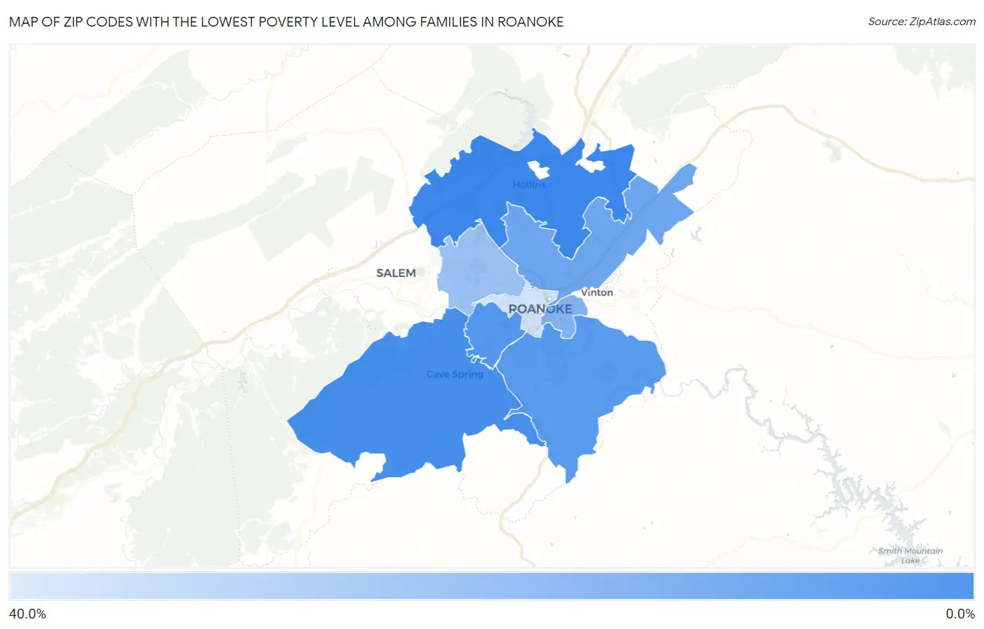 Zip Codes with the Lowest Poverty Level Among Families in Roanoke Map