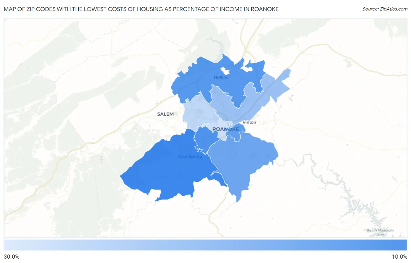 Zip Codes with the Lowest Costs of Housing as Percentage of Income in Roanoke Map