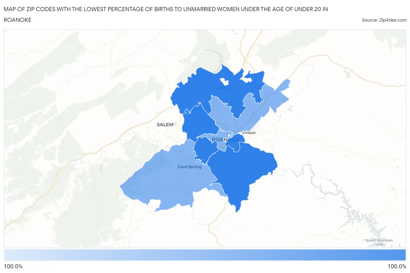 Zip Codes with the Lowest Percentage of Births to Unmarried Women under the Age of under 20 in Roanoke Map