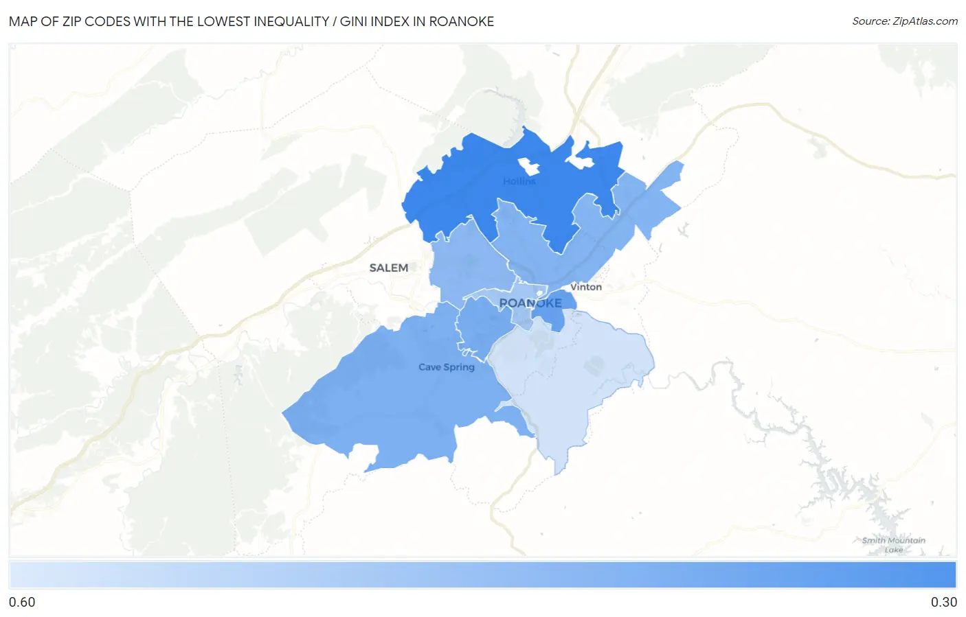 Zip Codes with the Lowest Inequality / Gini Index in Roanoke Map