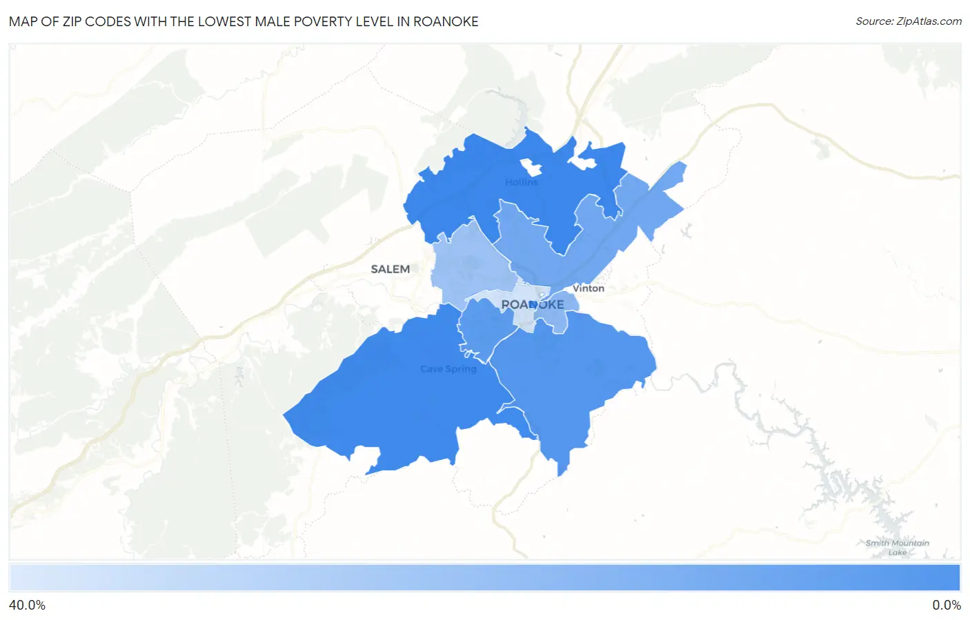 Zip Codes with the Lowest Male Poverty Level in Roanoke Map