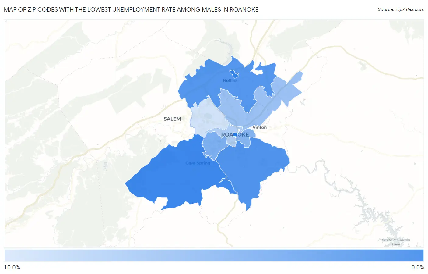 Zip Codes with the Lowest Unemployment Rate Among Males in Roanoke Map