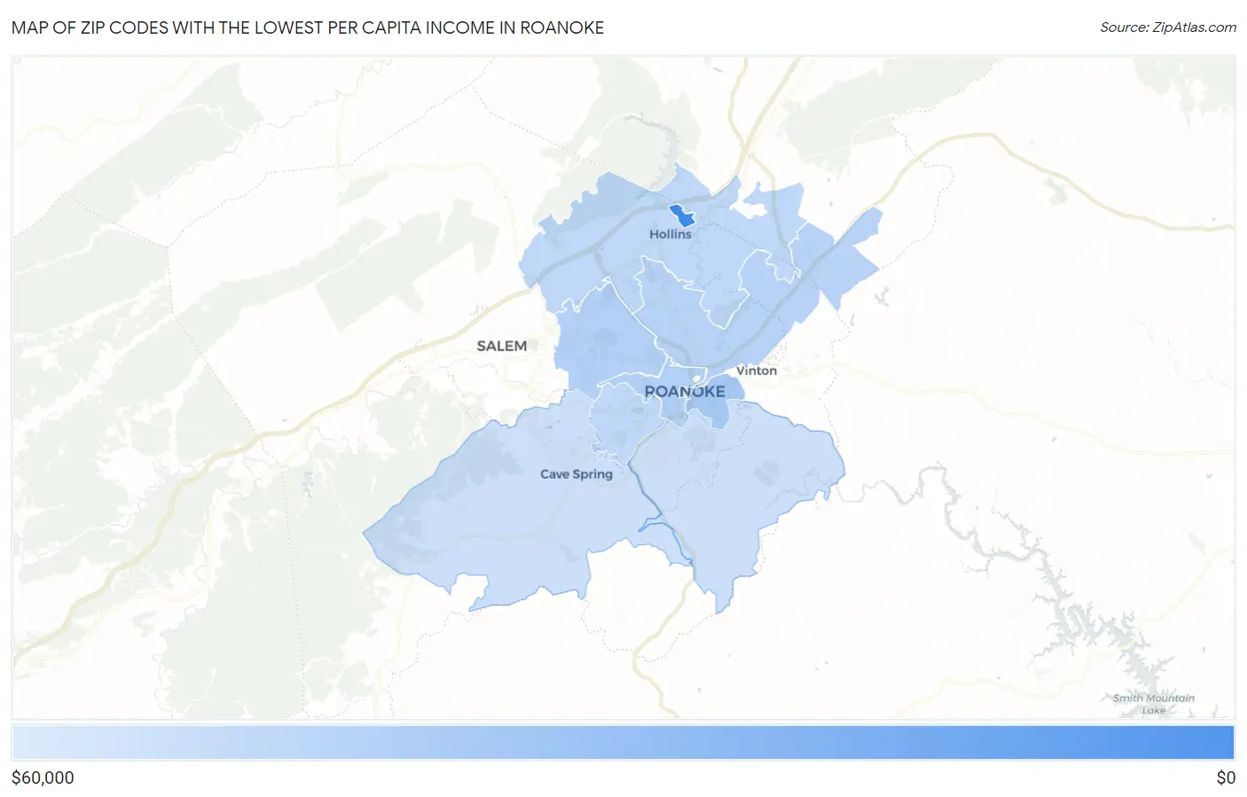 Zip Codes with the Lowest Per Capita Income in Roanoke Map